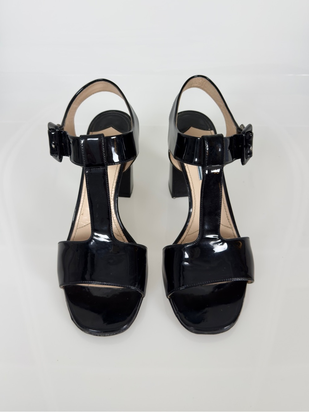 Prada Black Patent Leather T-Strap Block Heel Sandals